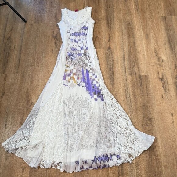 Save the Queen White Maxi Dress Mixed Media Lace Geometric Floral Fairy Y2K M - Picture 5 of 15